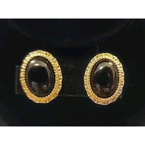 Goldtone And Black Cabochon Oval Clip On Earrings